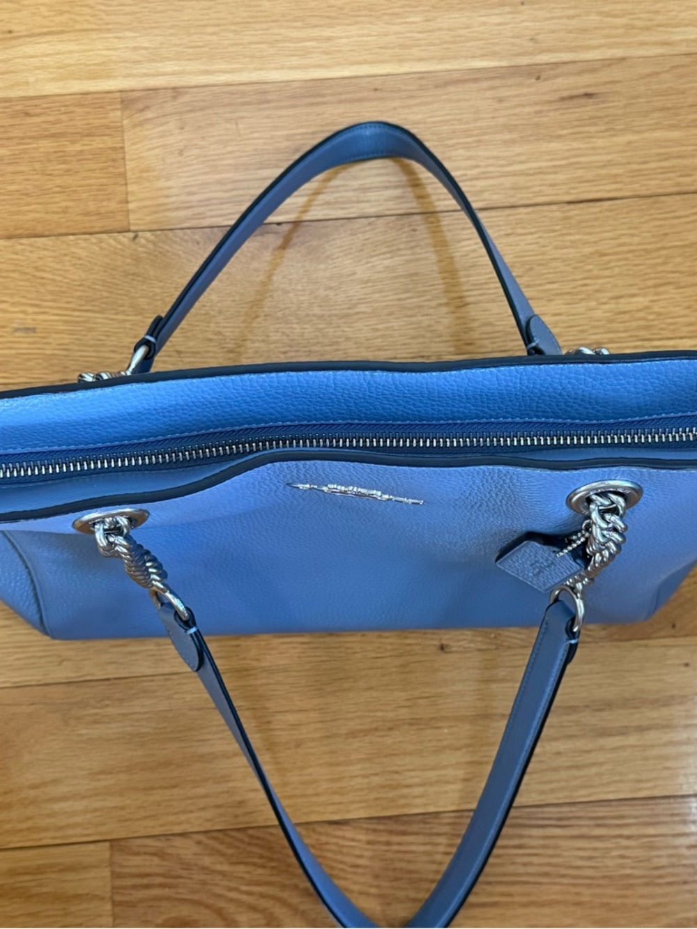 Coach Pebbled Leather Tote in Slate Blue with Chain Straps - Picture 5 of 6